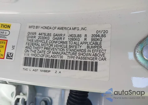 2020 Honda Accord Sport 2.0T from USA, damaged, VIN 1HGCV2F3XLA007730